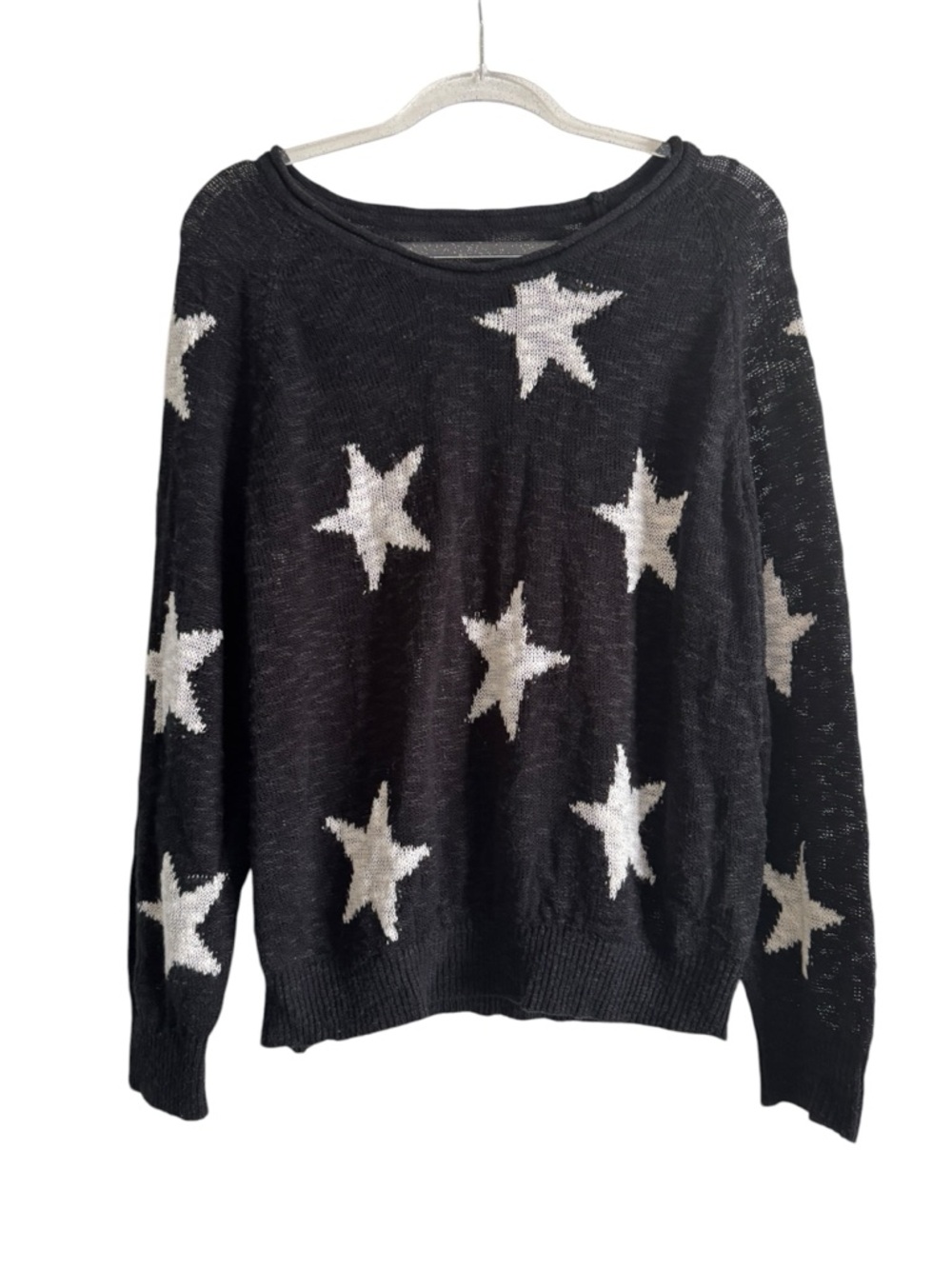 Black x White Star Print Slub Knit Slouch Sweater Size L